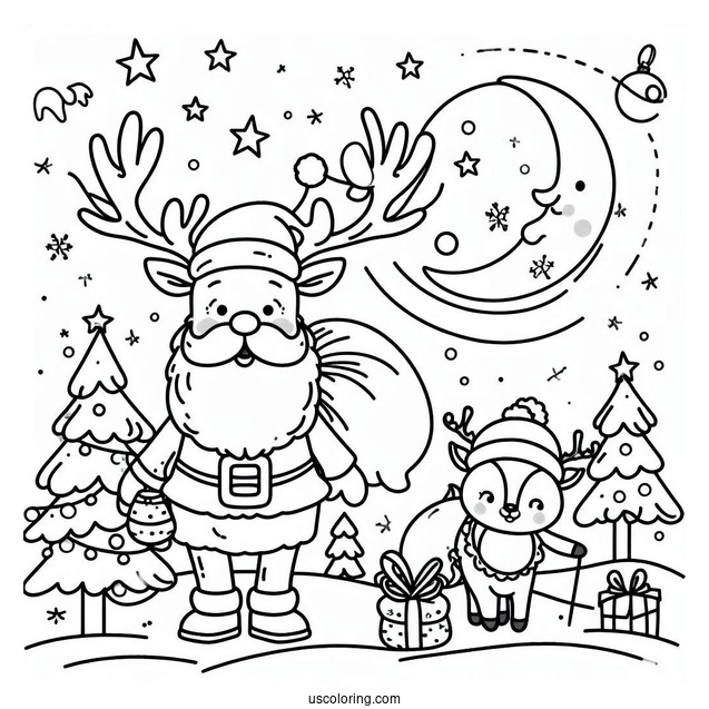 Easy Santa And His Reindeer To Color For Preschoolers