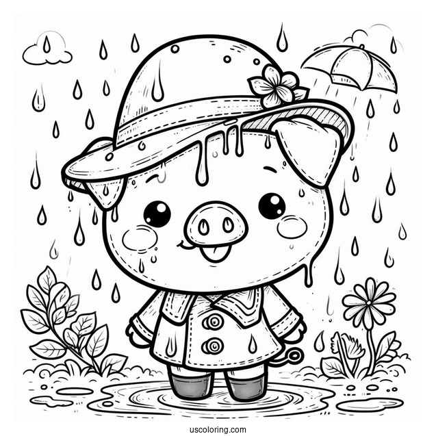 Piglet Coloring Page In A Hat Dripping Wet With Rain