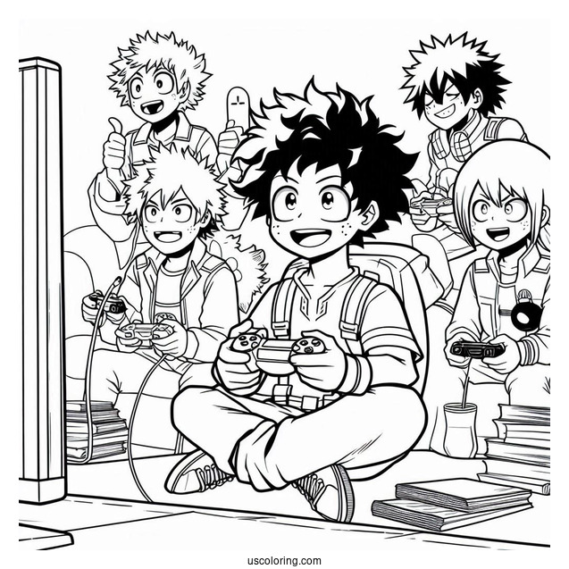 Full Page My Hero Academia Deku Coloring Page Playing Video Game With Friends