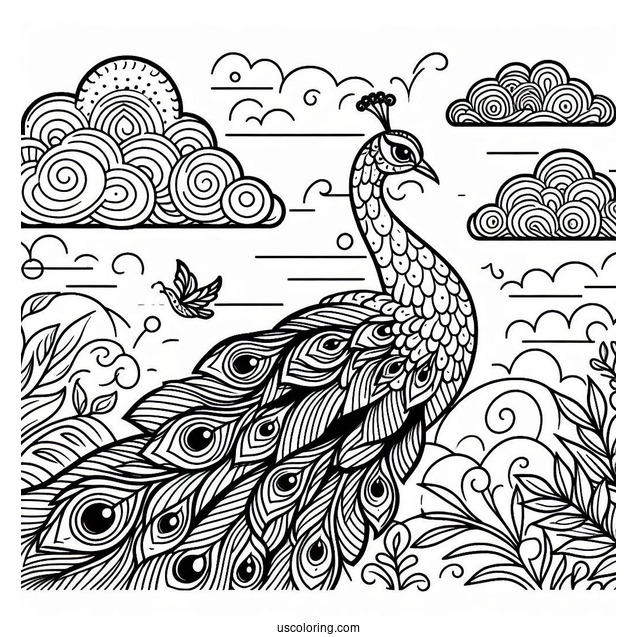 Peacock Coloring Page and Bird Under Cloudy Sky For Kids