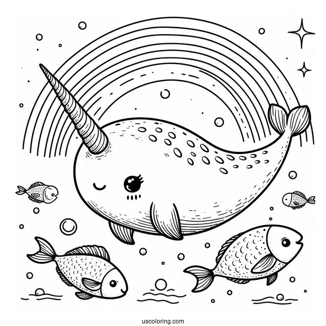 Narwhal Coloring Page Swimming With Fishes