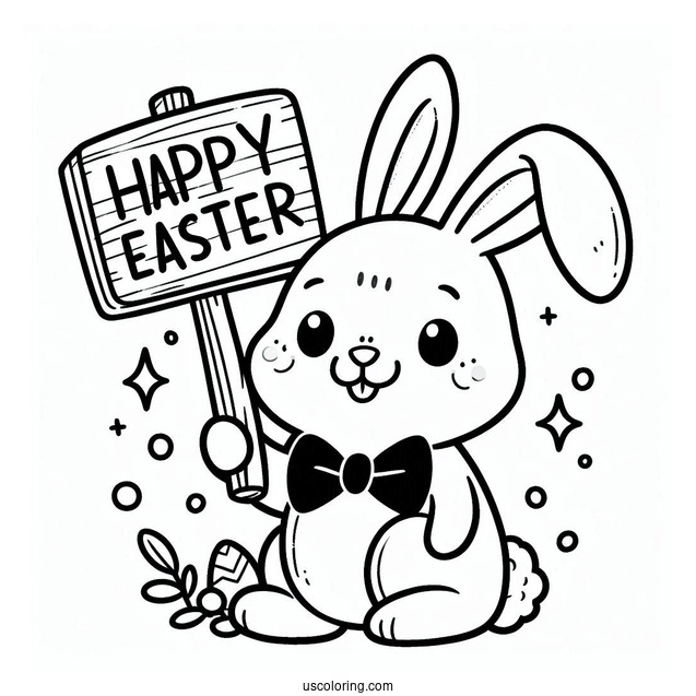 Easter Coloring Page Of Smiling Bunny Holding Happy Easter Sign For Kids