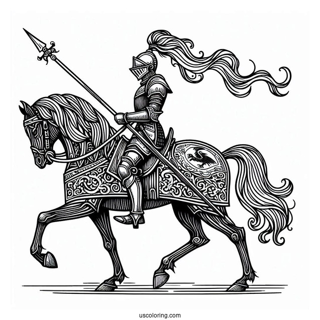 Knight On Horse Carrying A Lance Coloring Sheet