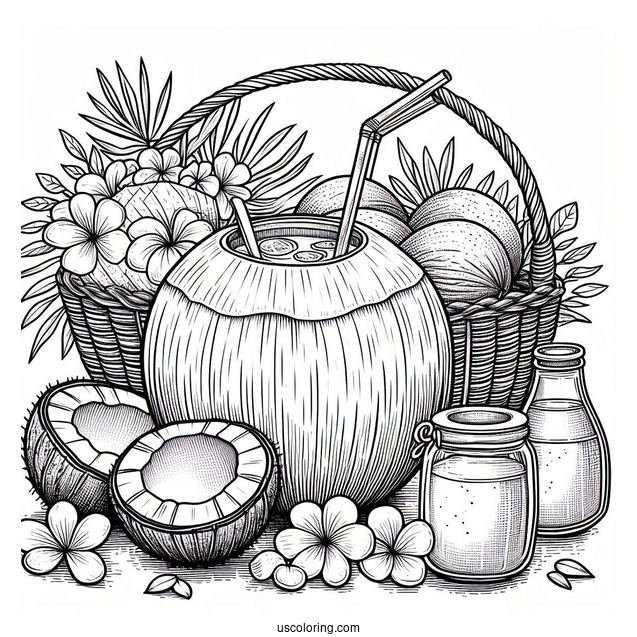 Coconut Coloring Page Juice With Straw On Top Of Fruit Baskets