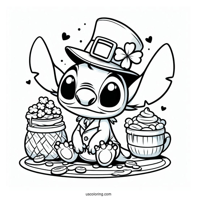 St. Patrick's Day Coloring Page Of Cute Stitch Dressed As A Leprechaun For Preschoolers
