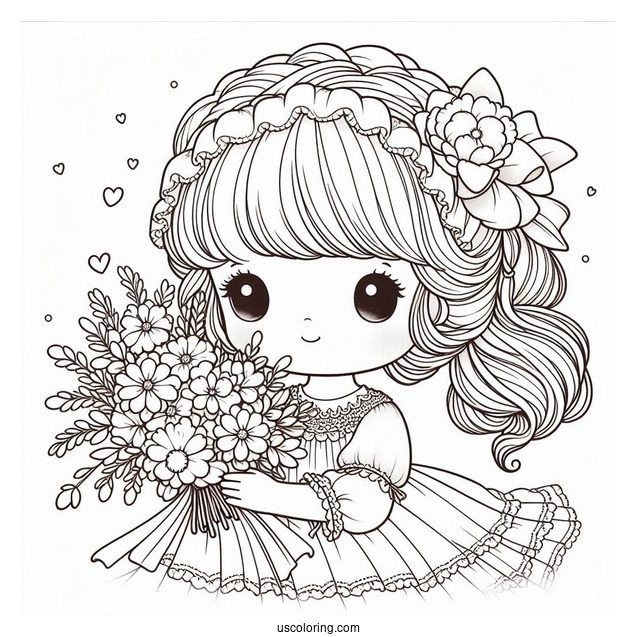 Precious Moments Coloring Page Of Cute Girl Holding Flowers