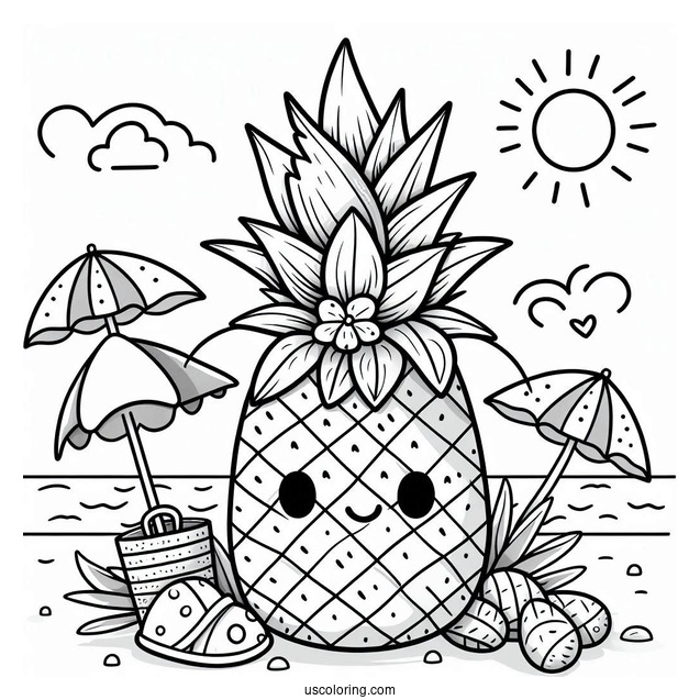 Tropical Pineapple Coloring Page Wearing a Sun Hat For Kids