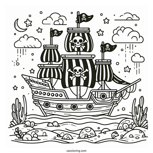 Super Cute Pirate Ship Coloring Page For Preschoolers
