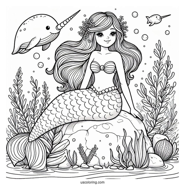 Mermaid Sitting On A Rock With Narwhal Coloring Page Underwater