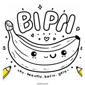 Yellow Word Over A Happy Banana Coloring Page