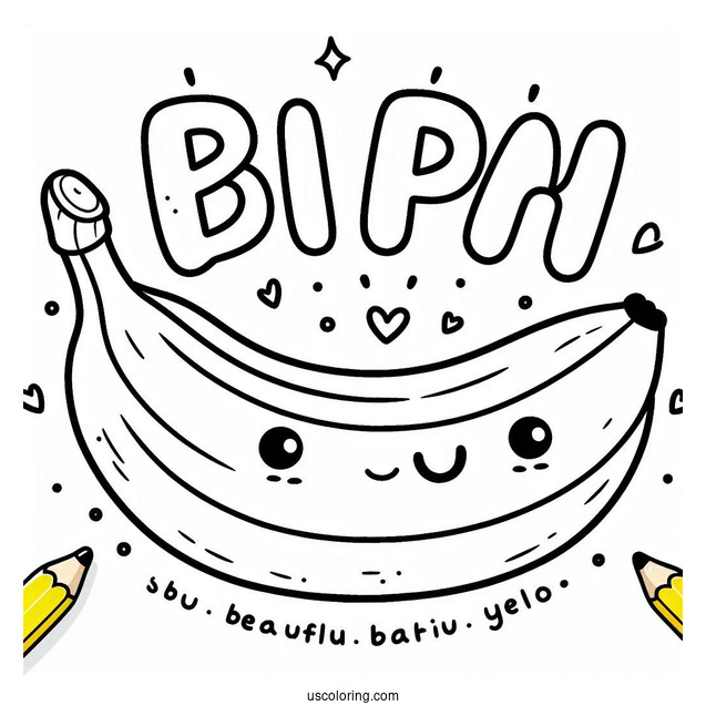 Yellow Word Over A Happy Banana Coloring Page