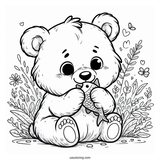 Easy Baby Bear Coloring Page Chewing On Fish