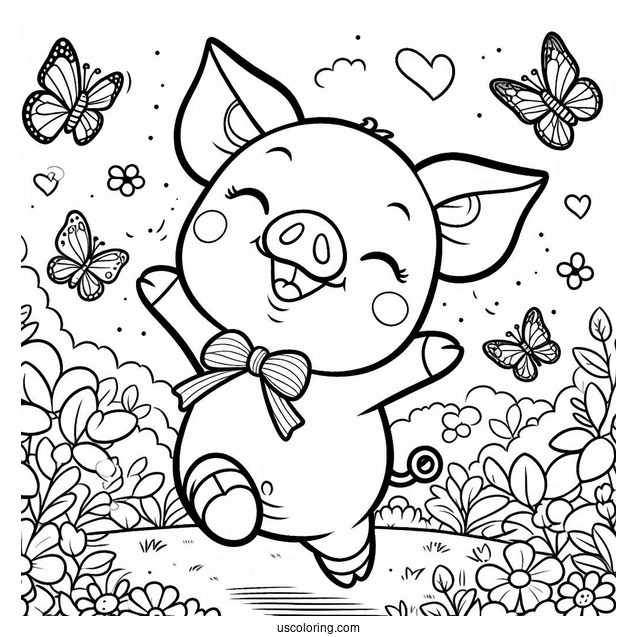 Happy Piglet Coloring Page Dancing In The Garden With Butterflies