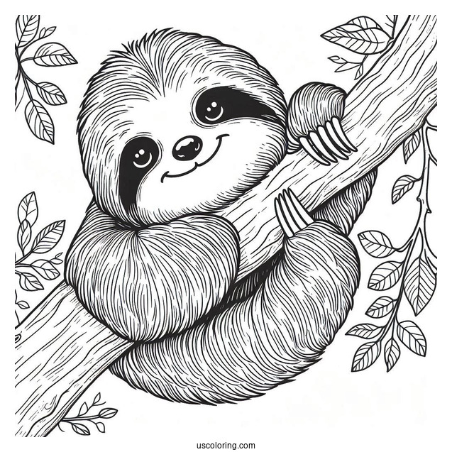 Smiling Sloth Hanging From Tree Branch To Color