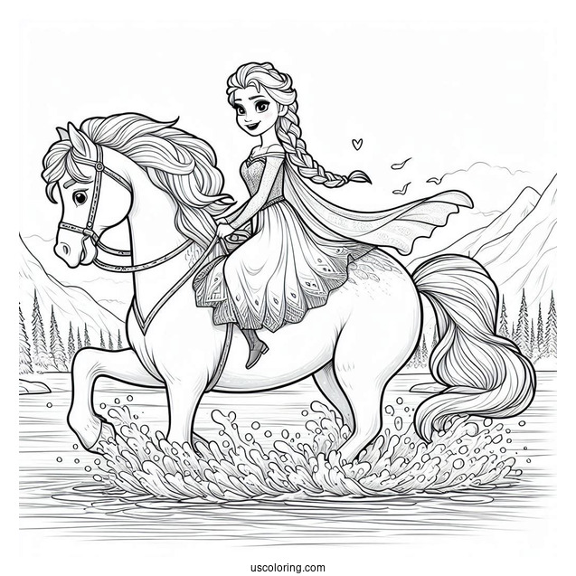 Elsa Riding Water Horse (The Nokk) Coloring