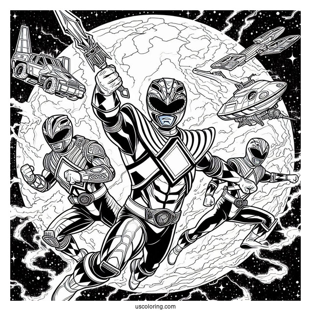 Power Rangers Fighting In Outer Space Coloring Sheet