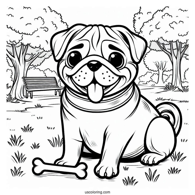 Pug In a Park With Bone To Color