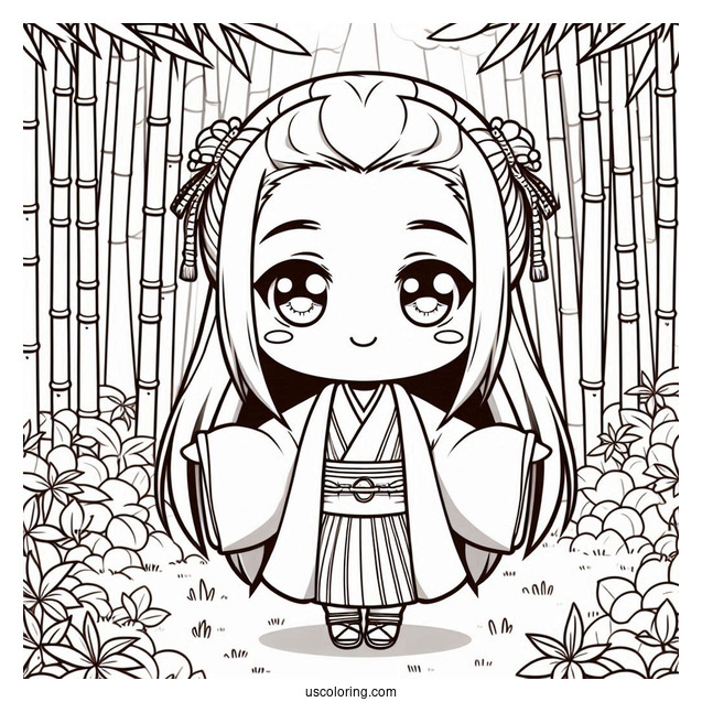 Chibi Nezuko Coloring Page In Bamboo Forest For Preschoolers