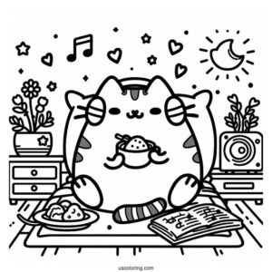 Pusheen Eating And Listening To Music In Bedroom