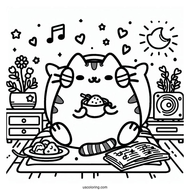 Pusheen Eating And Listening To Music In Bedroom