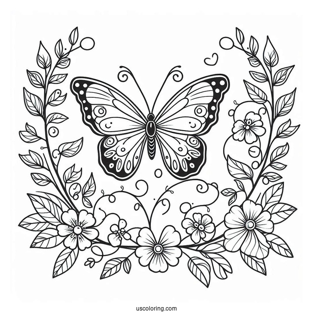 Beautiful Butterfly Coloring Page On A Vine Of Flowers
