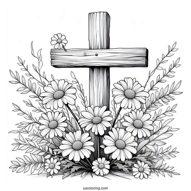Daises Over A Wooden Cross Coloring Page In Nature For Kids