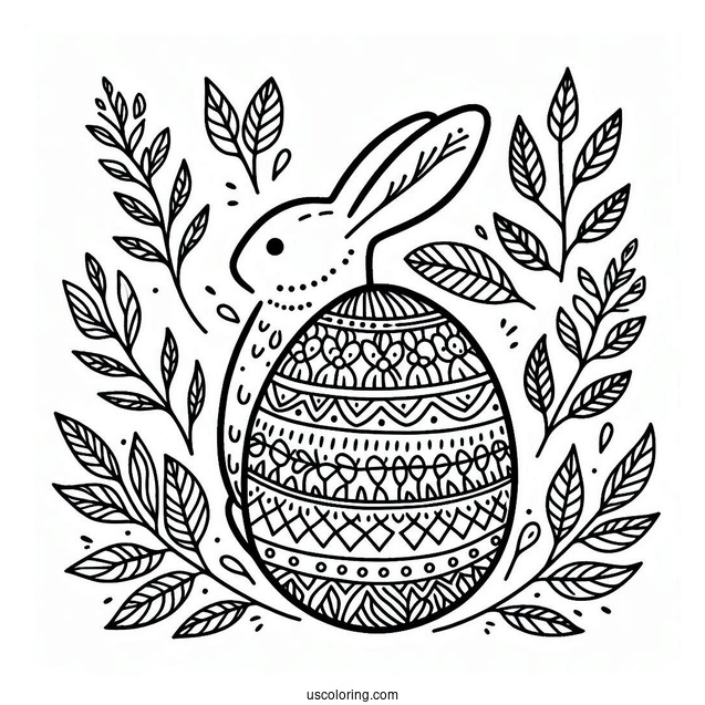 Bunny And Leaves Pattern Easter Egg Coloring Page