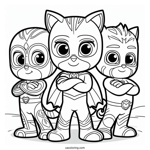 PJ Masks Coloring Page Of Simple Owlette, Gekko, And Catboy Standing With Arms Crossed