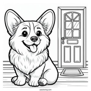 Smiling Corgi In Front Of Door To Color