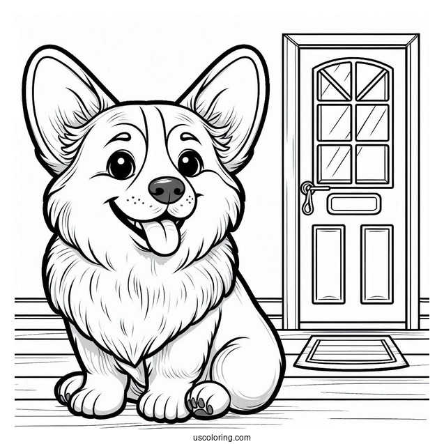 Smiling Corgi In Front Of Door To Color
