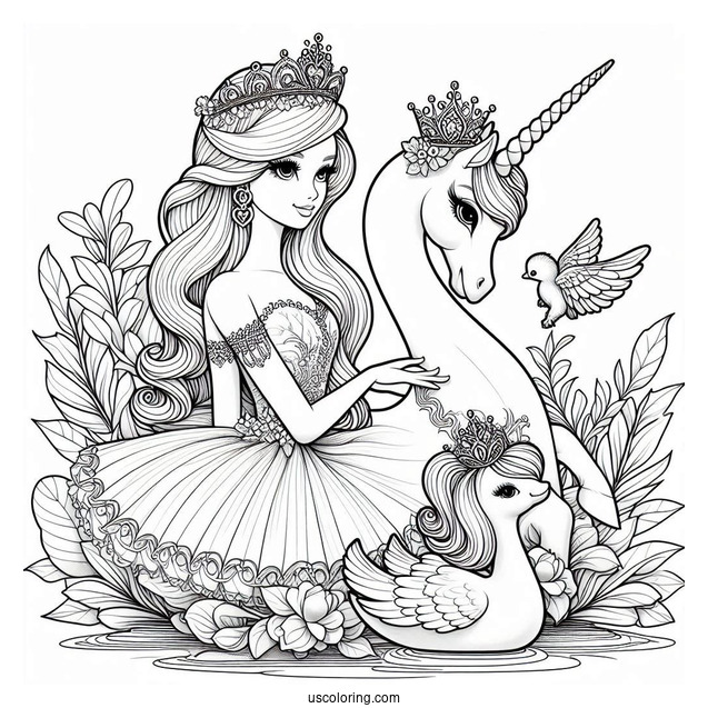 Swan Princess Barbie With Unicorn Coloring Sheet