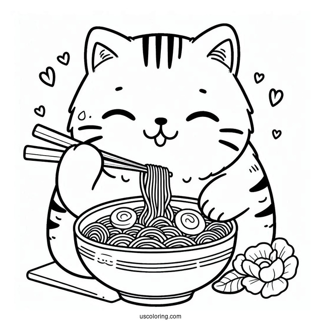 Cat Eating Ramen Coloring Page For Kids