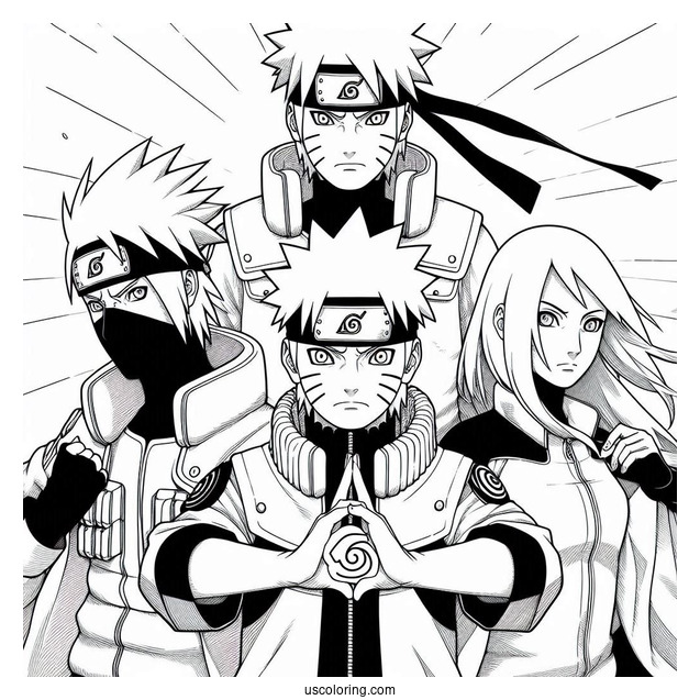 Naruto Coloring Page of Team Seven With Kakashi, Iruka, And Third Hokage