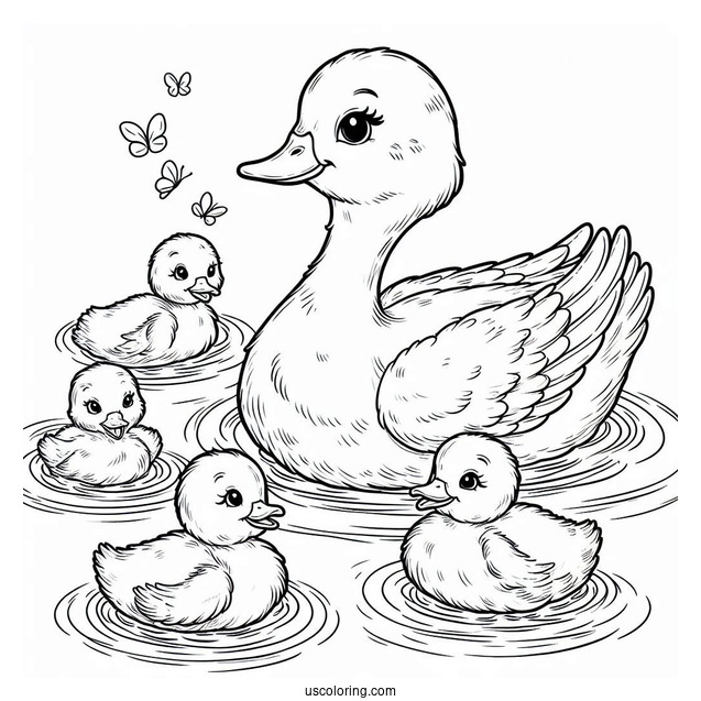 Ducklings Following Mom In The Pond