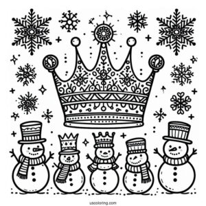 Winter Crown Coloring Page with Snowflakes and Snowmen