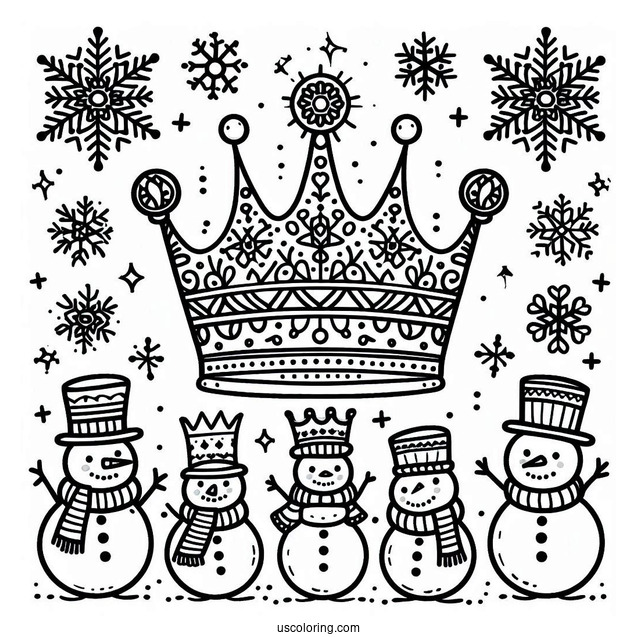 Winter Crown Coloring Page with Snowflakes and Snowmen