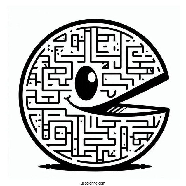 Smirking Pac-Man Coloring Page With Maze In Background