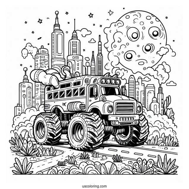 Monster Truck School Bus Coloring Page In The Air