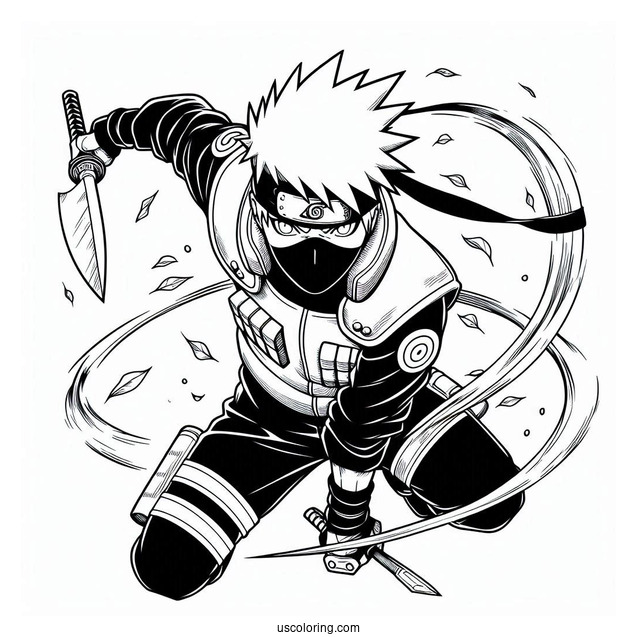 Kakashi Coloring Page Using Kunai And Chidori In Battle
