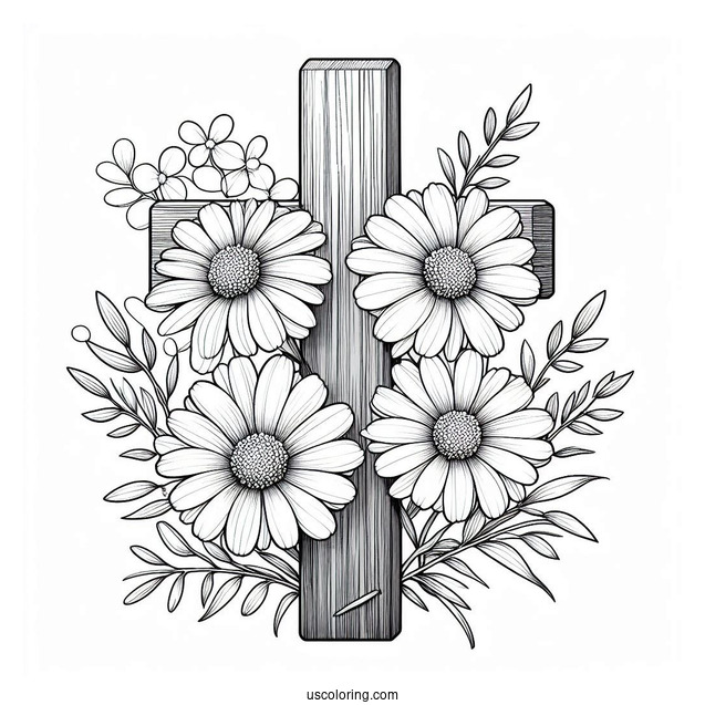 Daises Over A Wooden Cross Coloring Page In Nature For Kids