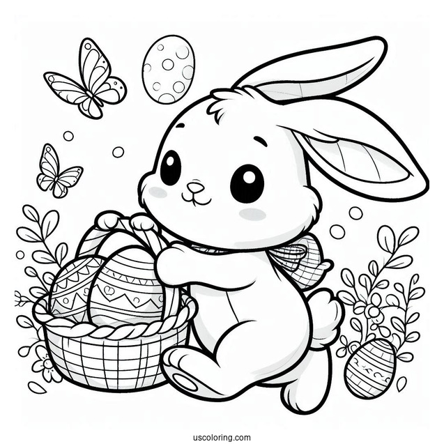 Easter Bunny Coloring Page Cartoon Carrying Basket Of Eggs