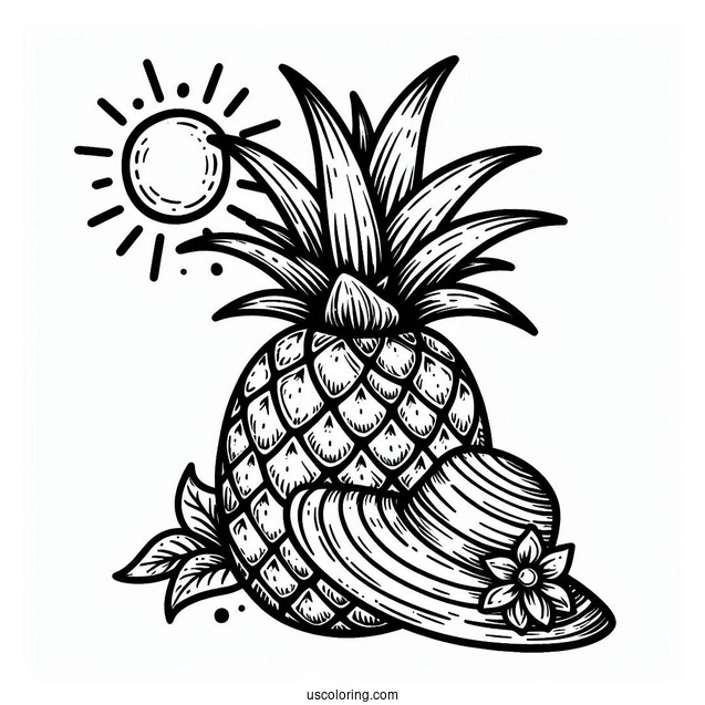 Tropical Pineapple Coloring Page Wearing a Sun Hat For Kids