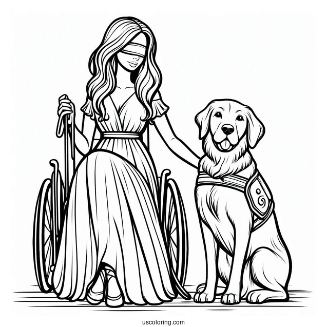 Blind Woman With Her Service Dog To Color