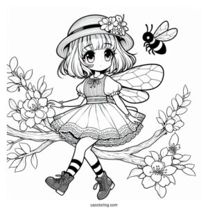 Anime Girl Bee Coloring Page Walking On A Tree Branch