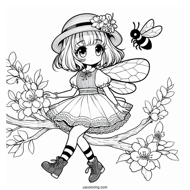 Anime Girl Bee Coloring Page Walking On A Tree Branch