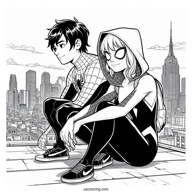 Miles Morales And Spider-Gwen Coloring Page Sitting Together On A Rooftop