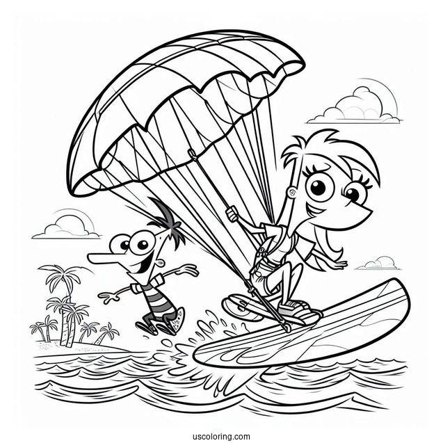 Phineas And Ferb Coloring Page And Candace Surfing With Perry The Platypus On A Parachute
