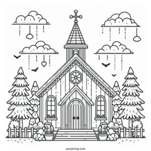Small Church Coloring Page Surrounded By Trees For Preschoolers