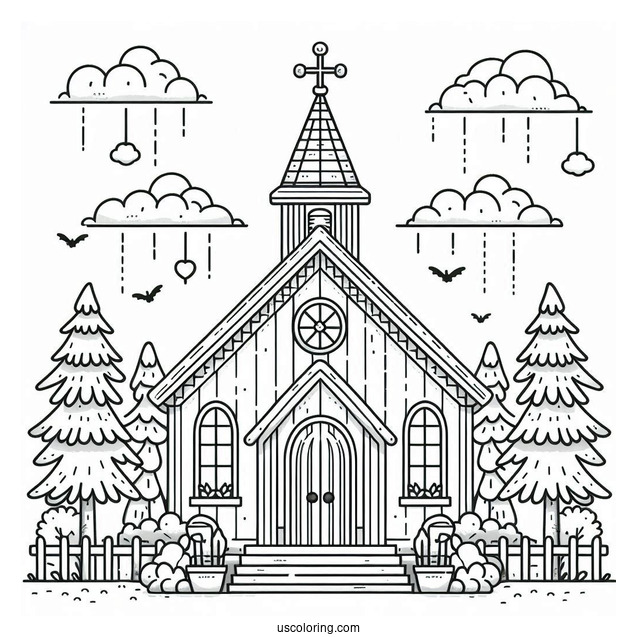 Small Church Coloring Page Surrounded By Trees For Preschoolers