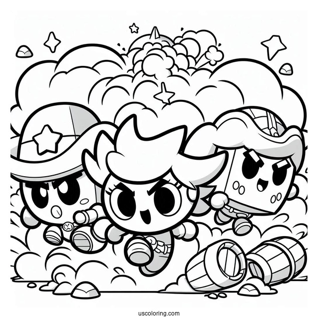 Brawl Stars Coloring Page Of Shelly, Colt, And Poco Running Away From Explosion